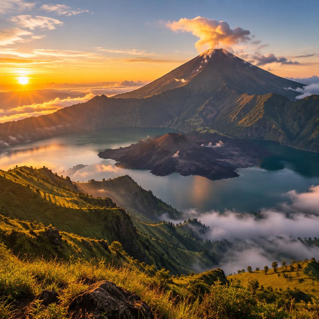 Puncak Gunung Rinjani saat matahari terbit dengan lautan awan di kejauhan