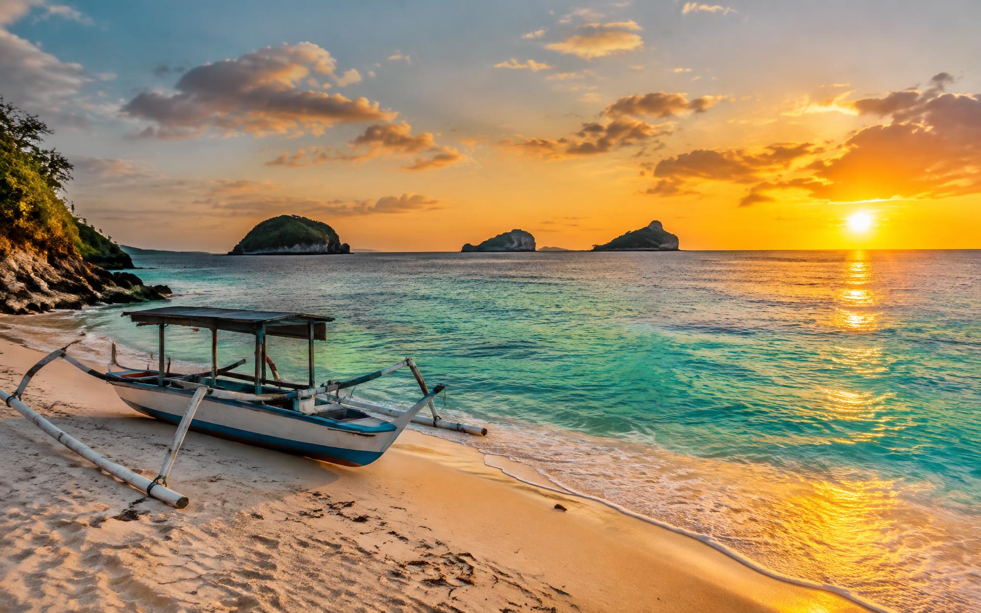 Panorama pantai Lombok saat matahari terbenam